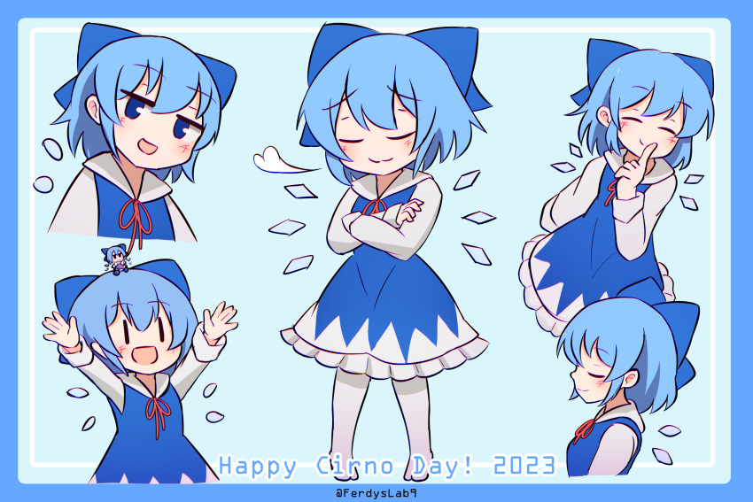 1girl :d blue_background blue_bow blue_dress blue_hair bow cirno cirno_day closed_eyes commentary detached_wings dress english_commentary english_text ferdy's_lab hair_bow highres ice ice_wings mini_person minigirl multiple_views on_head open_mouth person_on_head short_hair simple_background smile touhou wings