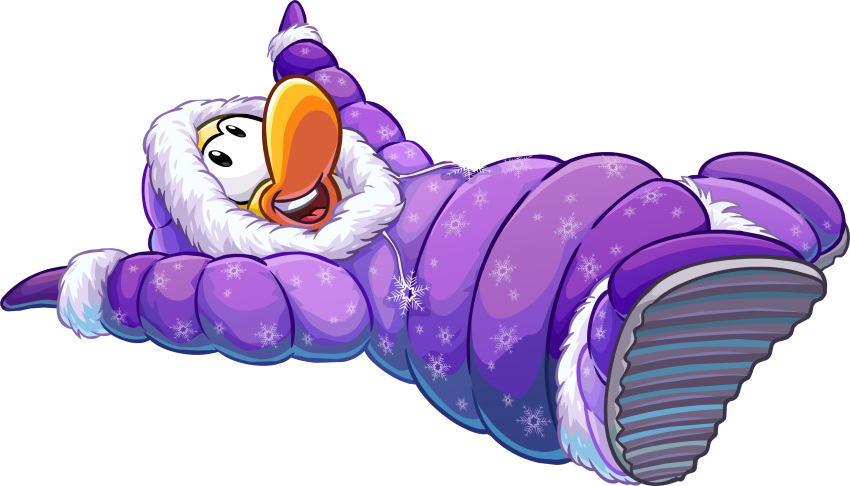 avian bird clothing club_penguin footwear full-length_portrait fur_trim hi_res hooded_jacket jacket lying male official_art on_back open_mouth penguin portrait purple_clothing purple_footwear purple_jacket purple_topwear shoes solo topwear unknown_artist upper_teeth_only