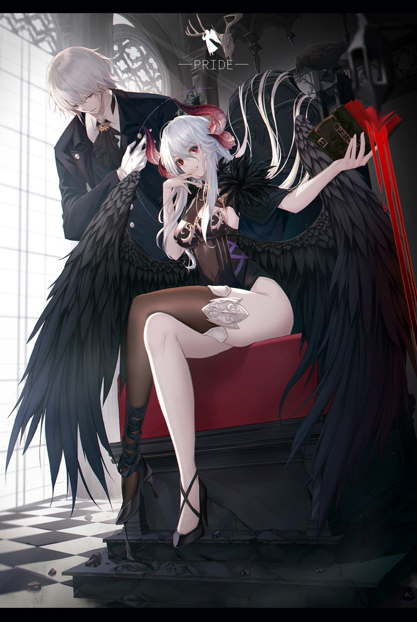1boy 1girl ankle_ribbon ascot bird black_feathers book checkered_floor covered_navel crow demon_horns dress fallen_angel feathered_wings feathers formal grey_hair hand_over_heart hand_up high_heels highres holding holding_book horns leg_ribbon long_hair merry_hearm open_book original red_eyes ribbon seven_deadly_sins short_hair single_thighhigh sitting smirk suit thighhighs throne wings
