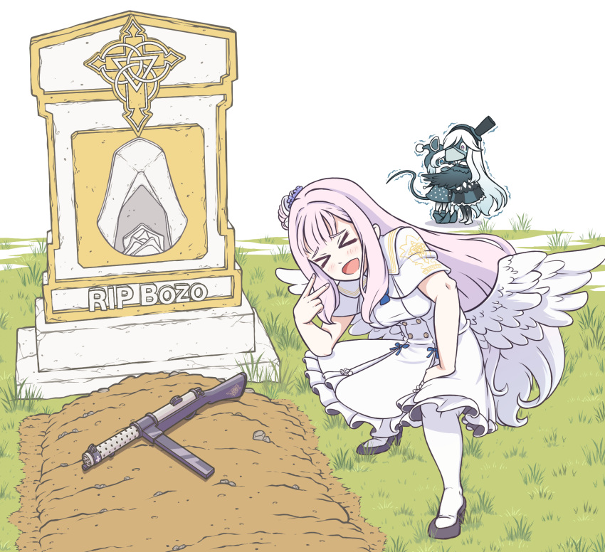 &gt;_&lt; 1girl 2other angel_wings blue_archive blue_eyes buttons capelet cross double-breasted dress english_commentary english_text eniac_(artist) feathered_wings frilled_dress frills grass grave gun hair_bun hair_ornament hair_scrunchie hand_on_own_knee hieronymus_(blue_archive) high_heels highres kuro_(blue_archive) looking_at_another meme mika_(blue_archive) no_halo open_mouth outdoors pantyhose pink_hair pointy_footwear purple_eyes scared scrunchie shiro_(blue_archive) single_side_bun smile solo_focus squatting tearing_up trembling v weapon white_capelet white_dress white_hair white_pantyhose white_wings wings