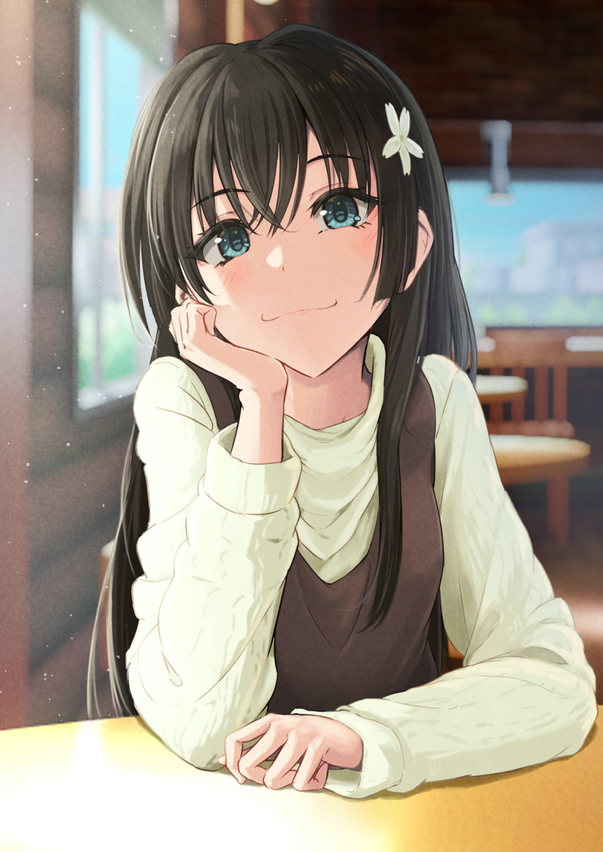 1girl :3 bangs black_hair blue_eyes blurry blurry_background brown_dress cafe casual closed_mouth commentary_request day dress elbow_on_table flower hair_between_eyes hair_flower hair_ornament hand_on_own_cheek hand_on_own_face head_rest highres indoors k3rd light_blush long_hair long_sleeves looking_at_viewer pinafore_dress pov_across_table saten_ruiko sidelocks smile smug solo sweater table toaru_kagaku_no_railgun toaru_majutsu_no_index white_flower white_sweater window