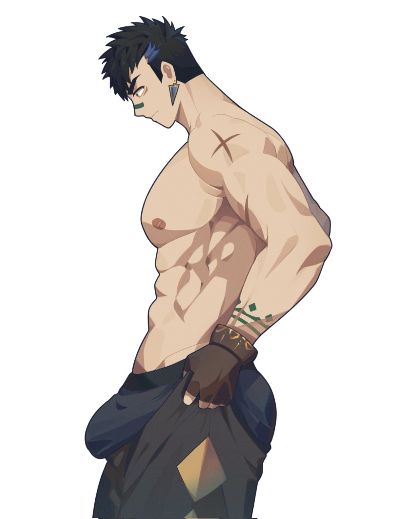 1boy abs artist_request ass bara black_hair black_pants blue_male_underwear bulge bulge_lift character_request crave_saga cross_scar dressing feet_out_of_frame from_side highres i've_never_seen_a_guy_recreate_this_successfully_tbh_(meme) large_pectorals male_focus male_underwear meme multicolored_hair muscular muscular_male nipples open_pants pants pants_lift pectorals scar short_hair sideburns solo stomach streaked_hair topless_male undersized_clothes underwear