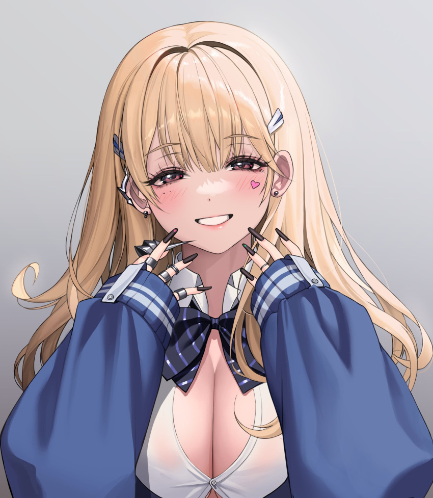 1girl 2v_(joyeong) blonde_hair blue_bow blue_bowtie blue_cardigan blush bow bowtie breasts button_gap cardigan claw_ring cleavage collared_shirt goddess_of_victory:_nikke grey_background hair_intakes hair_ornament half-closed_eyes highres huge_breasts jewelry lips long_hair looking_at_viewer mole mole_under_eye multiple_rings parted_lips puffy_sleeves red_eyes ring shirt sleeves_past_wrists smile solo tia_(nikke) white_shirt