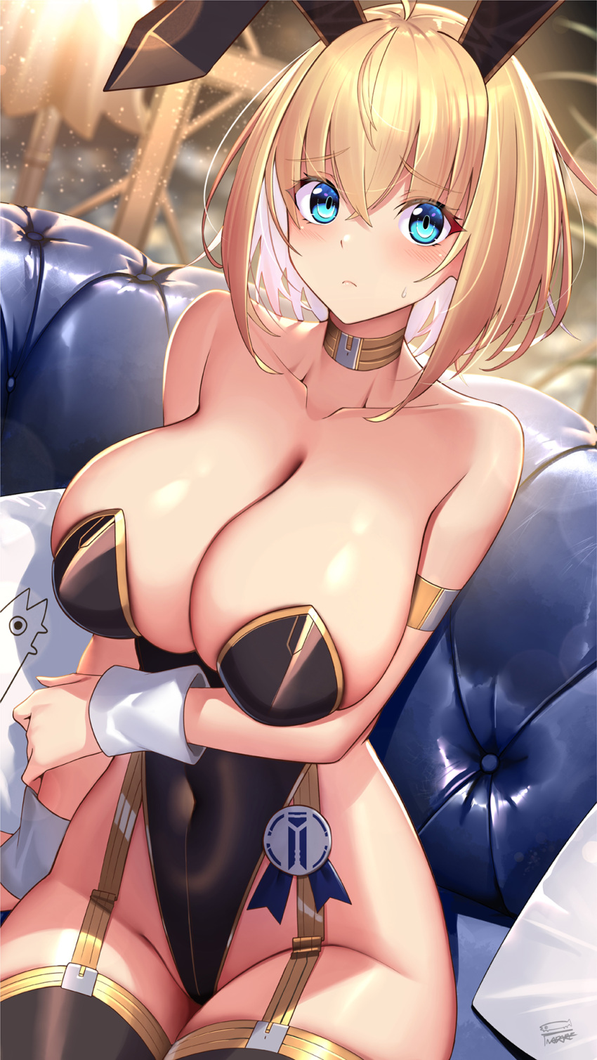 1girl animal_ears black_leotard blonde_hair blue_eyes breasts bunny_day choker cleavage couch fake_animal_ears frown highres large_breasts leotard on_couch original playboy_bunny rabbit_ears rabbit_tail sophia_f_shirring strapless strapless_leotard sweatdrop tail takamine_nadare wrist_cuffs