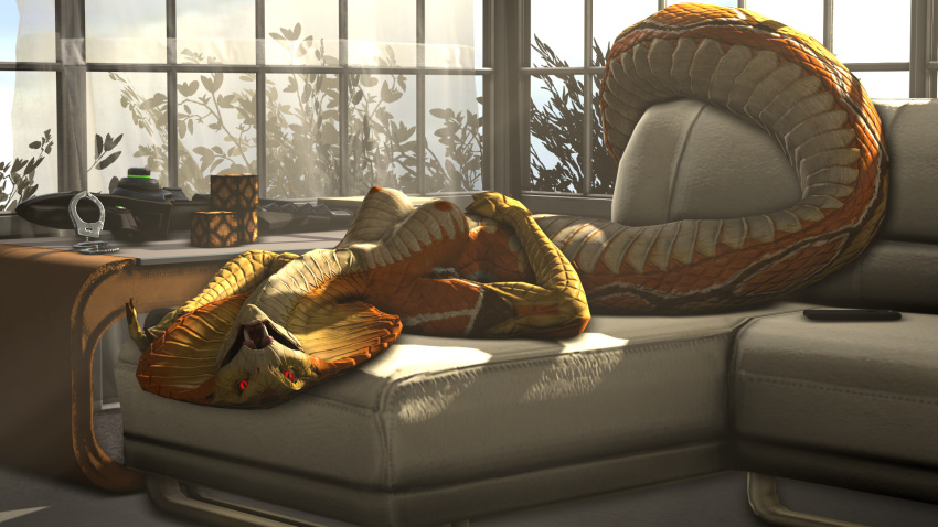 3d_(artwork) anthro apode breasts controller digital_media_(artwork) draconcopode female furniture hi_res legless looking_at_viewer lounging lying margevonn non-mammal_breasts nude on_back pinup pose red_eyes remote_control reptile scalie seductive serpentine snake snake_hood sofa solo tail viper_(x-com) x-com