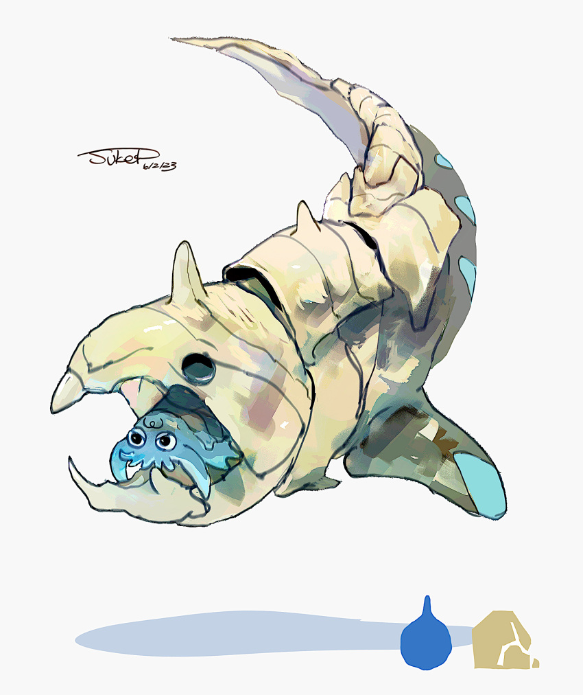 animal_skeleton artist_name dated dunkleosteus highres no_humans omanyte pokemon pokemon_(creature) simple_background skeleton sukepmonster white_background