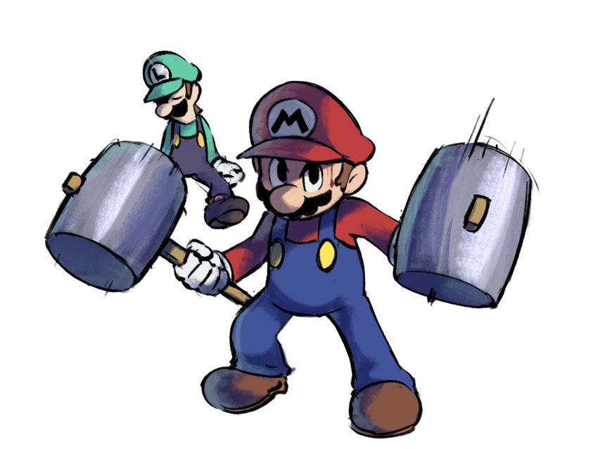 2boys blue_overalls boots brown_footwear dual_wielding facial_hair gloves green_headwear green_shirt hammer hat highres holding holding_hammer looking_at_viewer luigi mario mario_(series) multiple_boys mustache overalls red_headwear red_shirt shirt simple_background white_background white_gloves ya_mari_6363