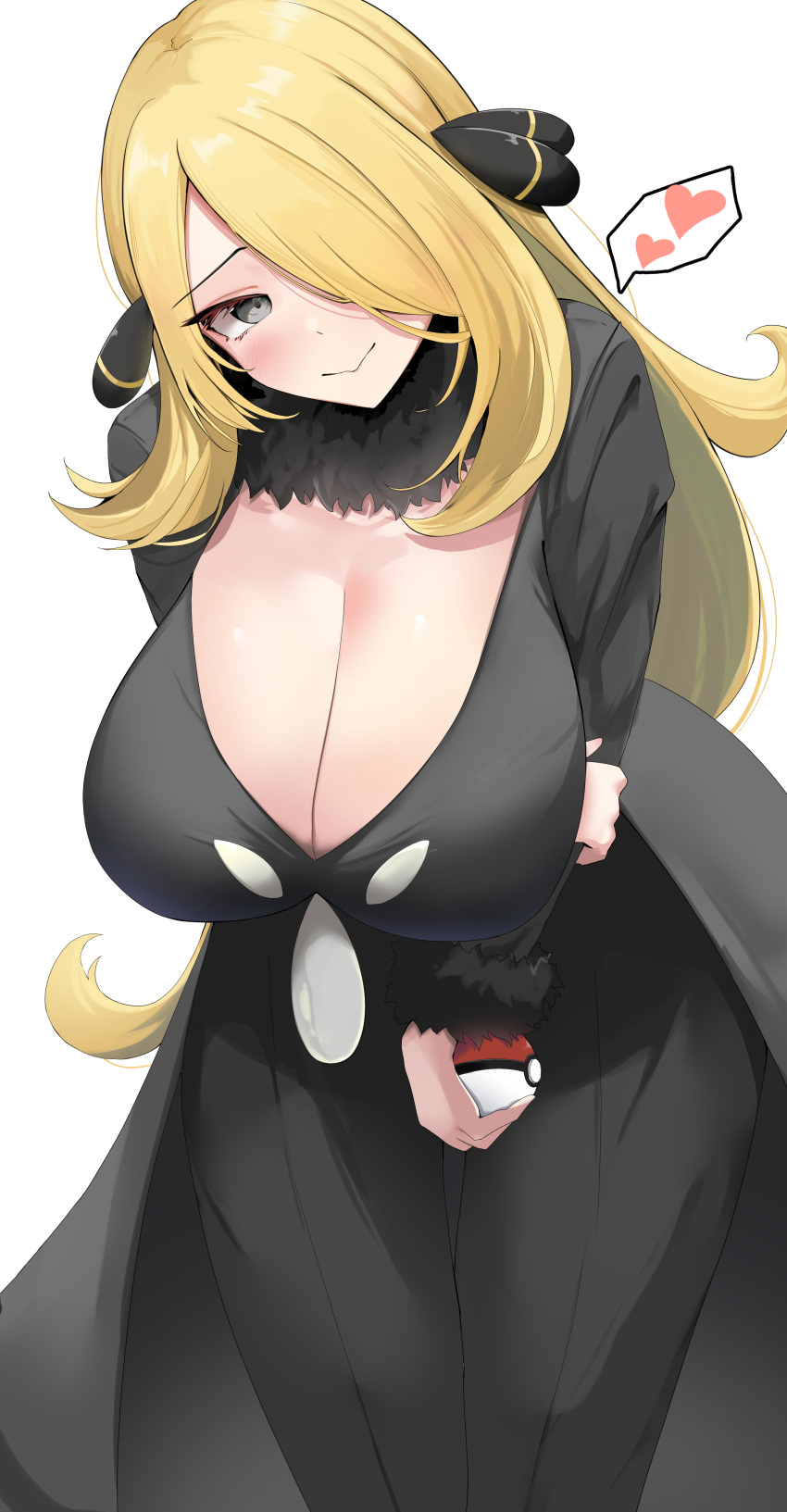 1girl absurdres arm_under_breasts black_coat black_pants black_shirt blonde_hair blush breasts cleavage closed_mouth coat cynthia_(pokemon) fur-trimmed_sleeves fur_collar fur_trim grey_eyes hair_ornament hair_over_one_eye heart highres holding holding_own_arm holding_poke_ball huge_breasts kunizaki leaning_forward looking_at_viewer pants poke_ball poke_ball_(basic) pokemon pokemon_(game) pokemon_dppt shirt simple_background solo spoken_heart white_background