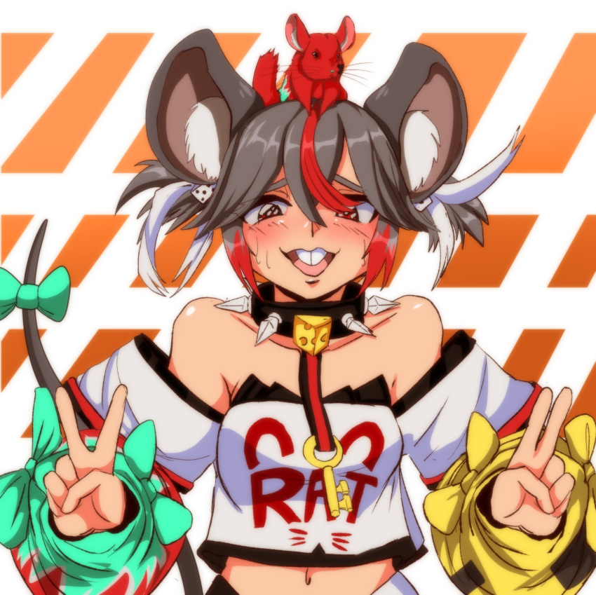 1990s_(style) 1girl animal_ear_fluff animal_ears bare_shoulders black_collar blue_bow blush bow buck_teeth cheese clothes_writing collar cosplay crop_top detached_sleeves dice_hair_ornament food grey_hair hair_between_eyes hair_ornament hakos_baelz hakos_baelz_(1st_costume) hakos_baelz_(cosplay) highres hololive hololive_english jewelry key_necklace long_bangs long_sleeves looking_at_viewer midriff mouse mouse_ears mouse_girl mouse_tail multicolored_hair nazrin necklace off-shoulder_shirt off_shoulder open_mouth red_eyes red_hair retro_artstyle shirt short_hair sleeve_bow smile solo spiked_collar spikes step_arts strapless strapless_shirt streaked_hair tail tail_bow tail_ornament teeth touhou upper_body v white_hair white_shirt yellow_bow