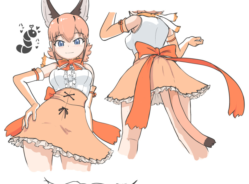 1girl animal_ears back_bow bare_shoulders blue_eyes blush bow bowtie brown_gloves brown_hair brown_skirt caracal_(kemono_friends) caracal_ears cat_ears cat_girl cat_tail center_frills elbow_gloves extra_ears frilled_skirt frills gloves hair_between_eyes high-waist_skirt kemono_friends kemono_friends_3 light_brown_hair looking_at_viewer multicolored_hair multiple_views nokemono-san_(bocchi_friend) orange_bow orange_bowtie shirt short_hair sidelocks skirt sleeveless smile solo tail two-tone_gloves two-tone_hair white_gloves white_shirt