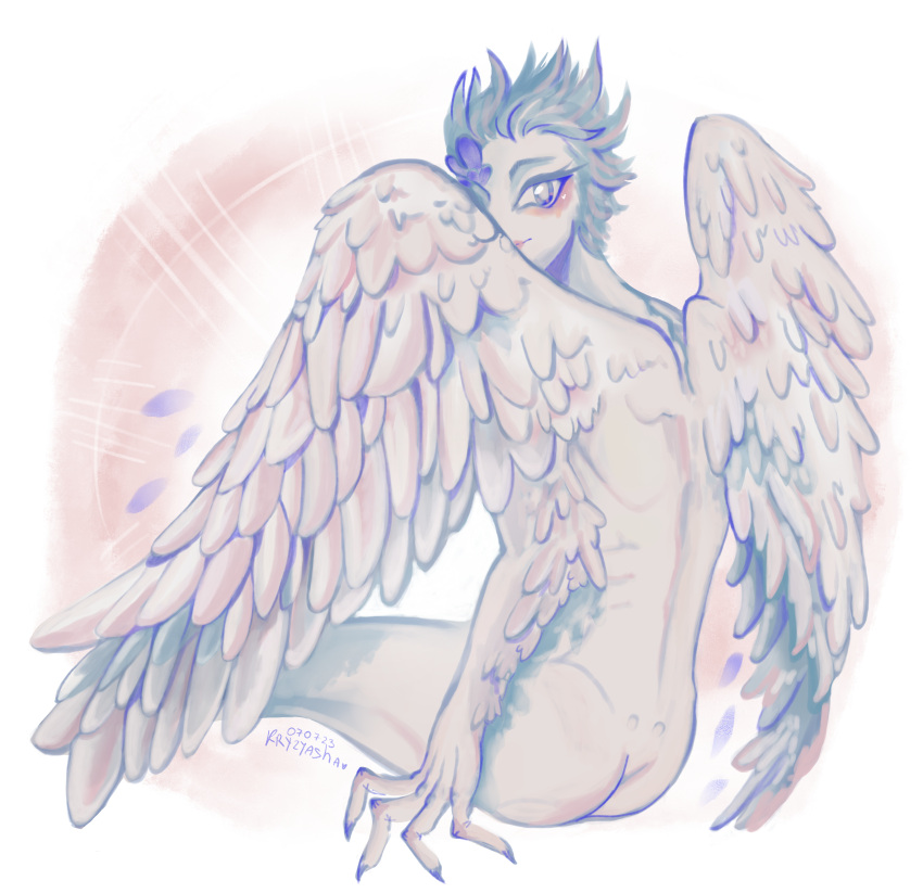 absurd_res anthro blush butt character digital_media_(artwork) fan_character feathered_wings feathers hair hi_res humanoid invalid_tag kryzyasha looking_at_viewer male monster not_furry nude original_content simple_background solo wings