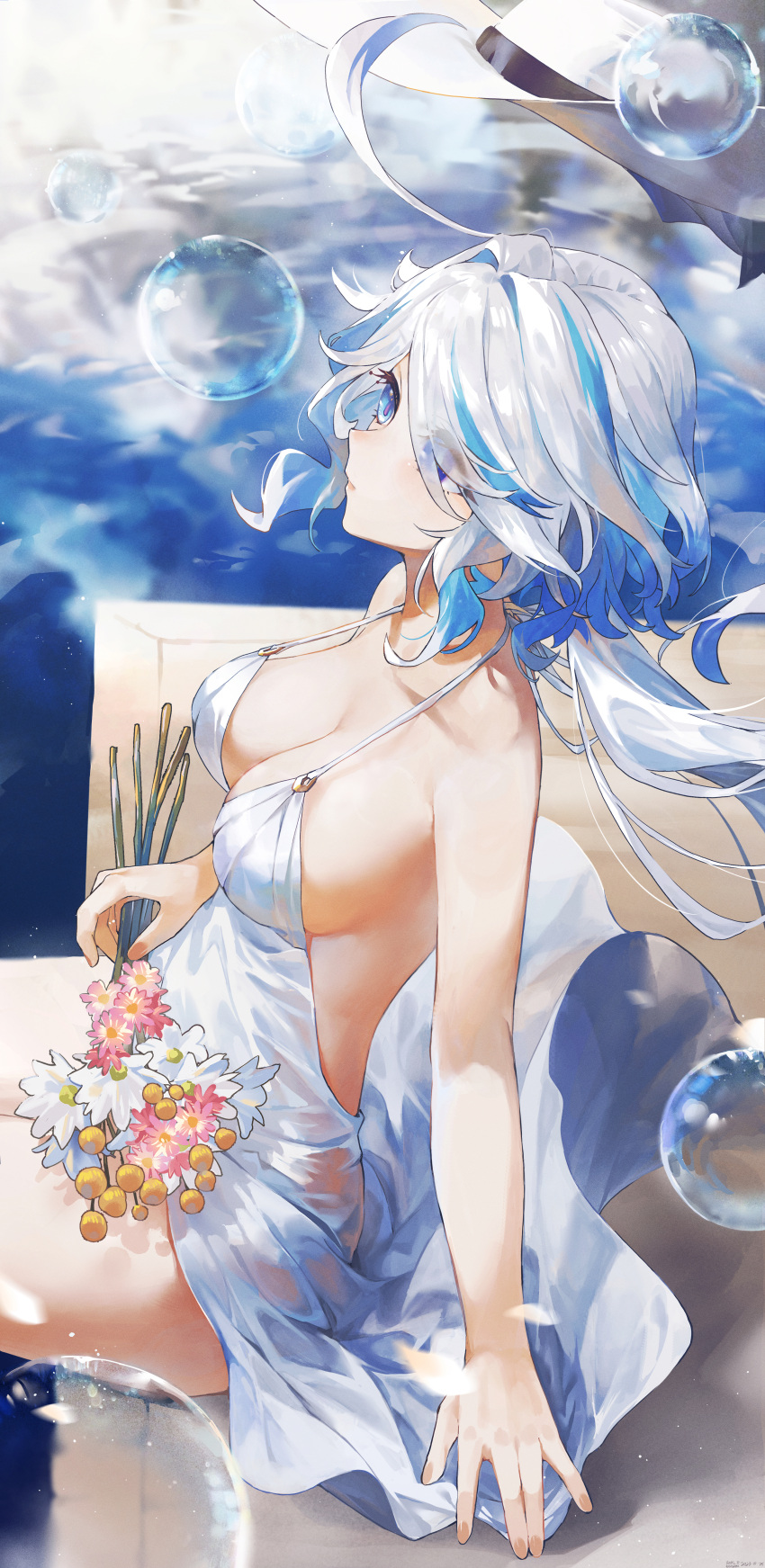 1girl absurdres backless_dress backless_outfit bare_arms blue_eyes blue_hair breasts bubble cleavage closed_mouth commentary_request cowboy_shot cowlick dress flower from_side furina_(genshin_impact) genshin_impact hat highres holding holding_flower light_blue_hair long_hair multicolored_hair sideboob sitting sleeveless sleeveless_dress solo spaghetti_strap streaked_hair swkl:d unworn_hat unworn_headwear water white_dress white_headwear