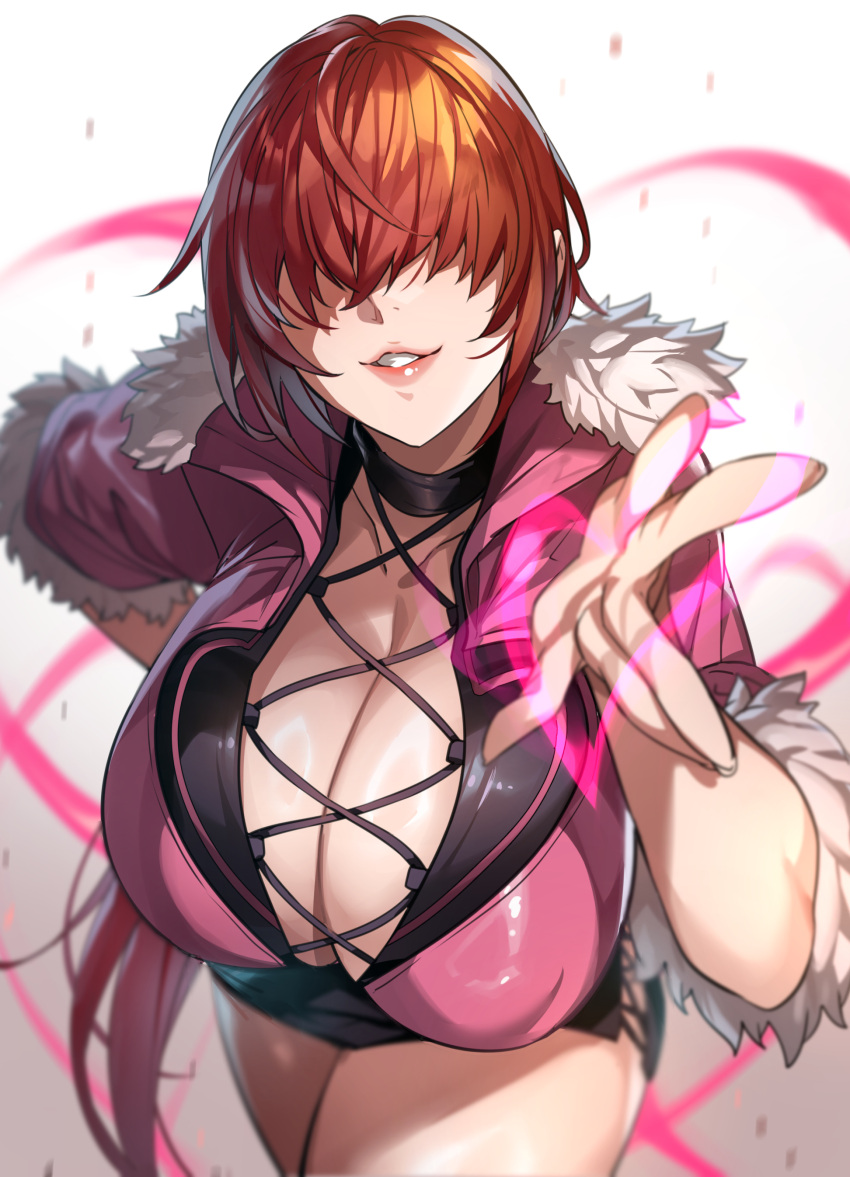 1girl absurdres blowing_kiss breasts cleavage cleavage_cutout clothing_cutout covered_eyes cropped_jacket hair_over_eyes highres jacket large_breasts lips lipstick long_hair makeup miniskirt pink_jacket ponytail red_hair senri_gan shermie_(kof) skirt smile snk solo split_ponytail the_king_of_fighters the_king_of_fighters_xv thighs