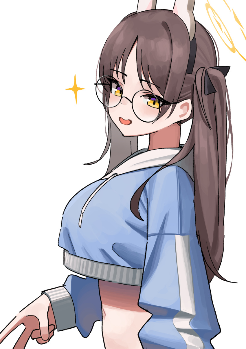 1girl absurdres animal_ears black-framed_eyewear blue_archive blue_hoodie blush breasts brown_hair cropped_hoodie fake_animal_ears glasses halo highres hood hoodie large_breasts looking_at_viewer looking_to_the_side moe_(blue_archive) moe_(swimsuit)_(blue_archive) momocadraw navel official_alternate_costume rabbit_ears round_eyewear simple_background smile solo sparkle twintails upper_body v white_background yellow_eyes
