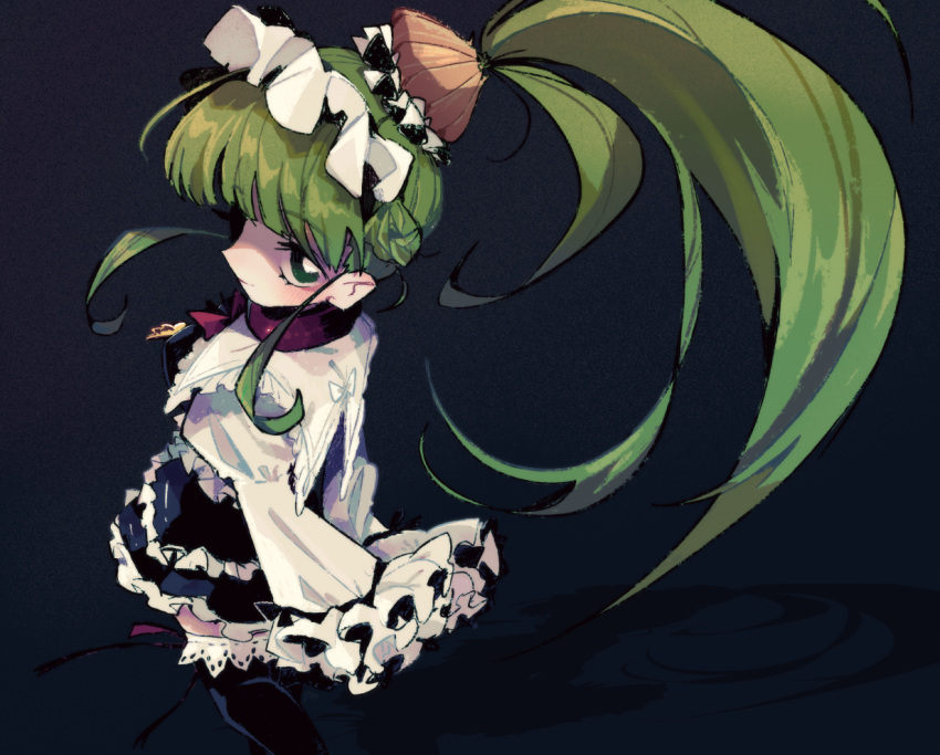 1girl acme_iku black_background black_skirt black_thighhighs bright_pupils closed_mouth english_commentary eyelashes food-themed_hair_ornament frilled_shirt frilled_skirt frilled_thighhighs frills from_above green_eyes green_hair hair_ornament kitchupsandwich kneeling long_hair looking_at_viewer maid_headdress maidloid onion ponytail red_ribbon ribbon shirt simple_background skirt smile solo thighhighs very_long_hair vocaloid white_pupils white_shirt