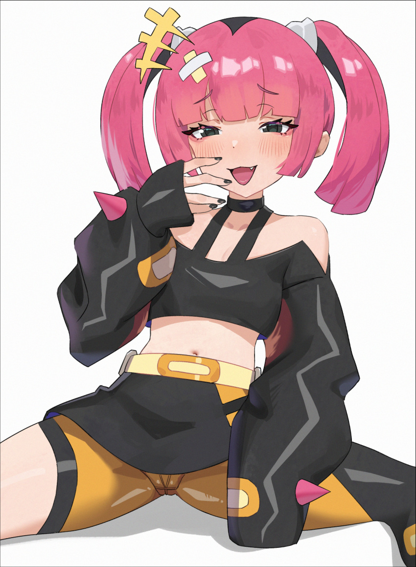 +++ 1girl absurdres bandaid bandaid_on_head belt black_eyes black_nails blunt_bangs blush cameltoe commentary_request eyelashes fang hand_up highres long_sleeves looking_at_viewer nail_polish navel off-shoulder_shirt off_shoulder open_mouth pink_hair pokemon pumi_puru sango_(pokemon) shirt shorts simple_background sitting skirt sleeves_past_fingers sleeves_past_wrists smile solo spread_legs twintails white_background yellow_shorts