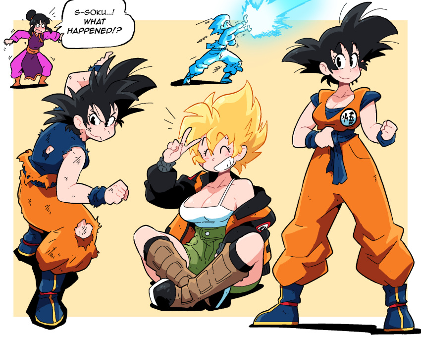 2girls black_hair blonde_hair blush breasts chi-chi_(dragon_ball) cleavage collarbone dougi dragon_ball dragon_ball_z genderswap genderswap_(mtf) green_shorts grin highres kamehameha_(dragon_ball) large_breasts long_hair looking_at_viewer multiple_girls pants scott_malin shirt shirt_tucked_in shorts single_bare_shoulder smile son_goku spiked_hair super_saiyan super_saiyan_1 tank_top teeth torn_clothes torn_pants torn_shirt v white_tank_top wristband