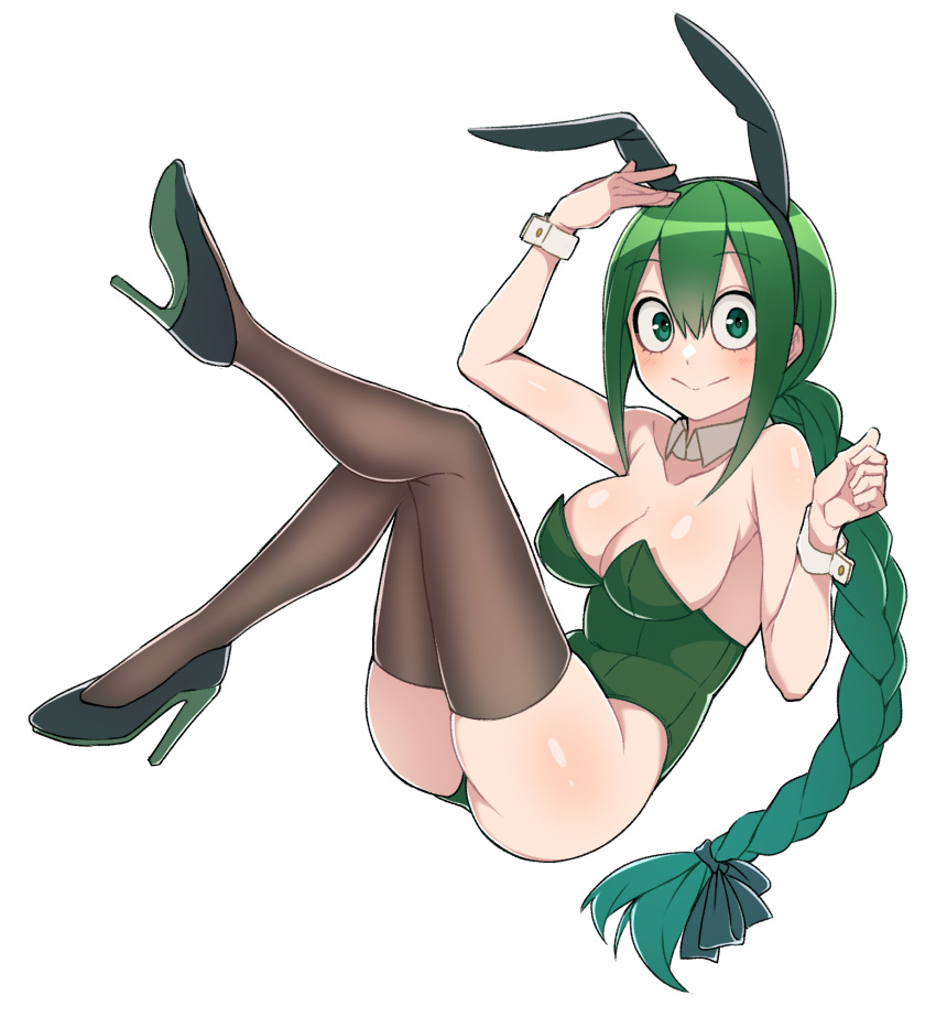 :&gt; animal_ears asui_tsuyu boku_no_hero_academia braid braided_ponytail breasts cleavage detached_collar fake_animal_ears frog_girl full_body green_eyes green_footwear green_hair hands_up high_heels highleg highleg_leotard highres kobaji large_breasts leotard playboy_bunny rabbit_ears sidelocks simple_background smile strapless strapless_leotard thighhighs white_background wrist_cuffs