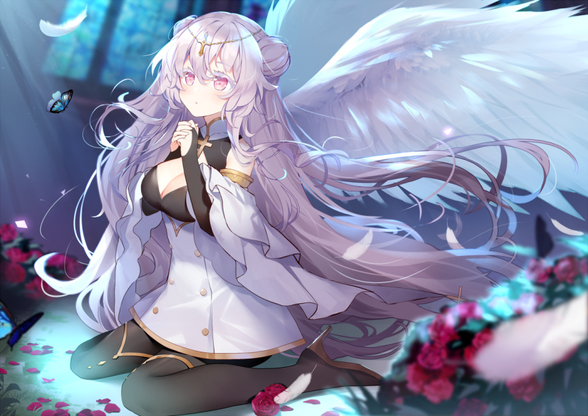1girl angel_wings black_footwear black_pantyhose black_shirt blush boots breasts bug butterfly cleavage cleavage_cutout closed_mouth clothing_cutout cross_hair_ornament double_bun dress flower gold_trim hair_bun hair_ornament indie_virtual_youtuber long_hair meichan_(mingming) own_hands_clasped own_hands_together pantyhose pink_eyes pink_flower praying redcircle shirt sitting solo thigh_boots very_long_hair virtual_youtuber wariza white_dress white_hair wings zhao_(pixiv12947327)