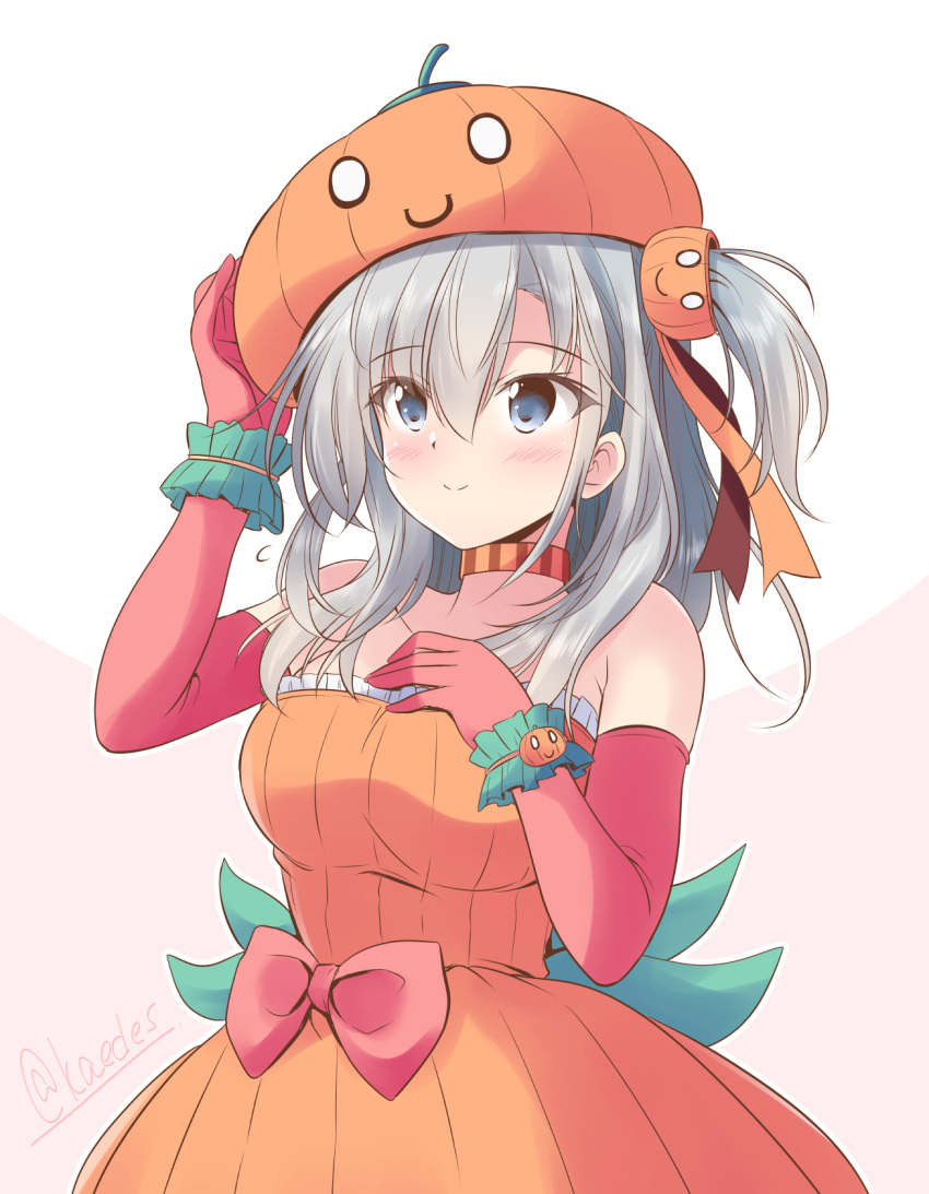 1girl alternate_costume choker cowboy_shot dress fingerless_gloves frilled_cuffs frilled_dress frills gloves grey_eyes grey_hair hair_between_eyes highres kantai_collection long_hair one-hour_drawing_challenge one_side_up orange_choker orange_dress pink_gloves pumpkin_hat shizuna_kaede simple_background solo strapless strapless_dress striped_choker suzutsuki_(kancolle) white_background wrist_cuffs