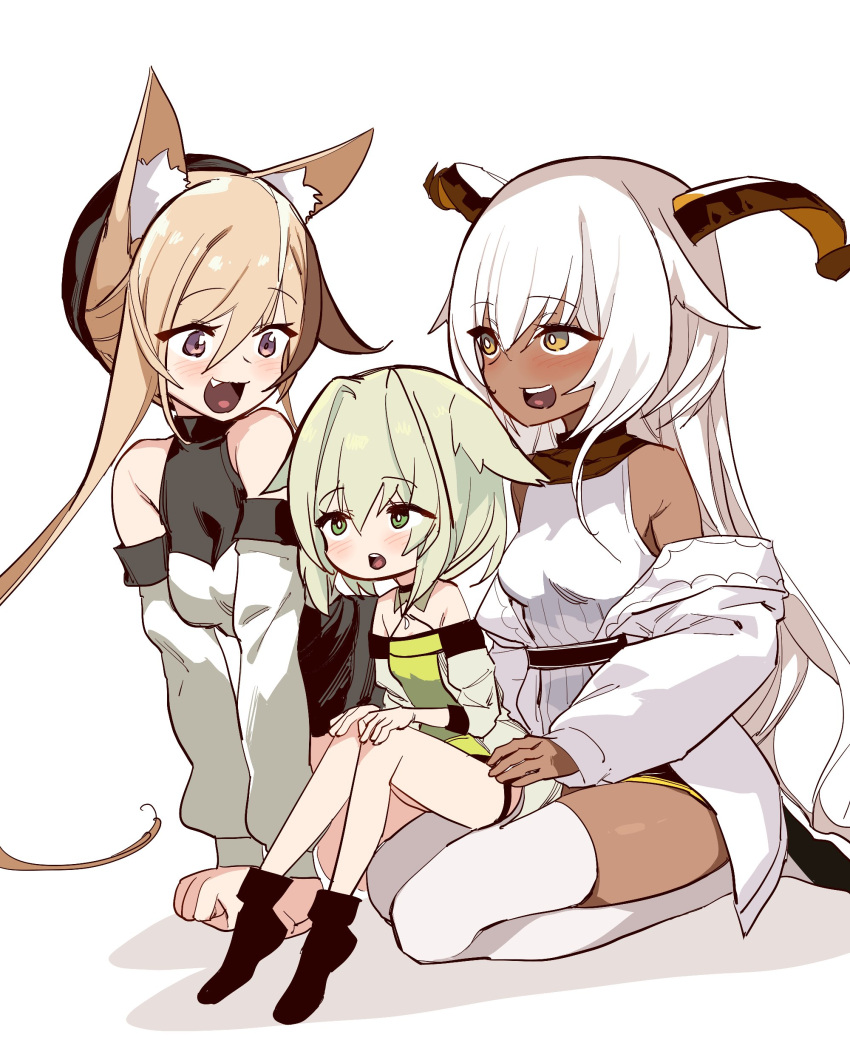 3girls absurdres aged_down animal_ear_fluff animal_ears arknights bare_shoulders beeswax_(arknights) beeswax_(weisser_sand)_(arknights) blush cardigan_(arknights) cardigan_(sunny_day)_(arknights) cat_ears cat_girl commission dark-skinned_female dark_skin dog_ears dog_girl dress fang goat_ears goat_girl goat_horns gold_horns green_dress green_eyes green_hair hair_between_eyes hands_on_own_knees highres holding horns kal'tsit_(arknights) kinbakuman long_hair multicolored_hair multiple_girls off_shoulder open_mouth purple_eyes simple_background sitting sitting_on_lap sitting_on_person skeb_commission smile streaked_hair white_background white_dress white_hair white_sleeves yellow_collar yellow_eyes