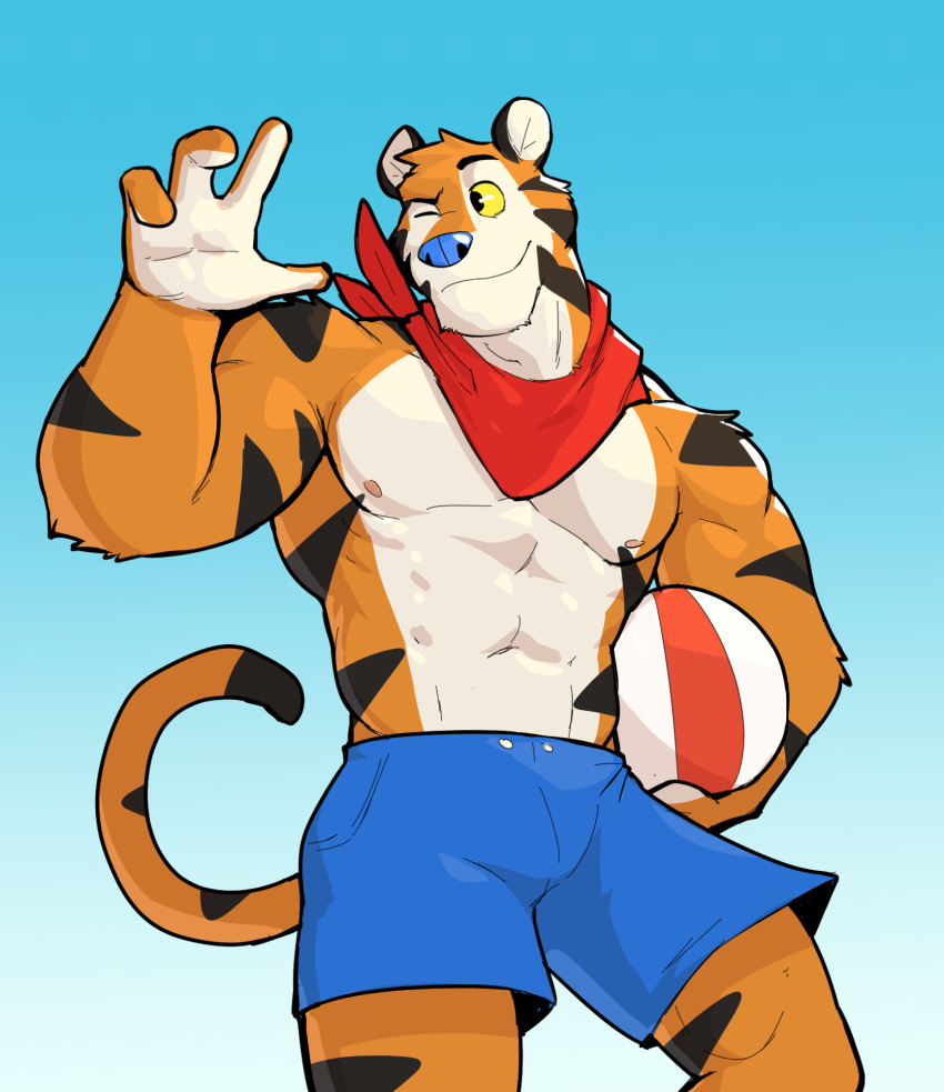 2023 4_fingers anthro black_body black_fur bottomwear clothed clothing felid fingers frosted_flakes fur hi_res jrjresq kellogg's looking_away male mammal mascot muscular muscular_anthro muscular_male orange_body orange_fur pantherine shorts solo striped_body striped_fur stripes tiger tony_the_tiger topless topless_anthro topless_male white_body white_fur