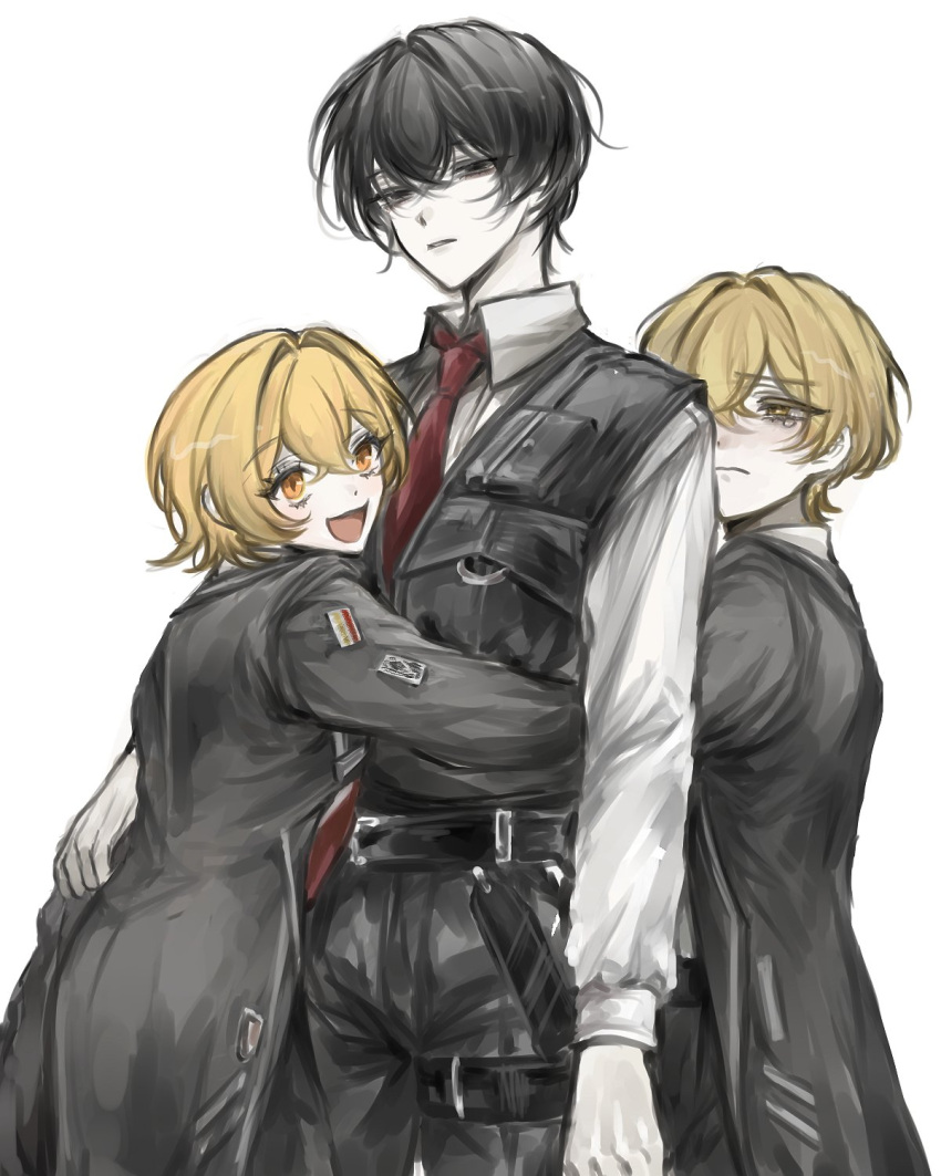 1girl 2boys belt black_belt black_coat black_eyes black_hair black_pants black_vest blonde_hair closed_mouth coat collared_shirt cowboy_shot don_quixote_(project_moon) group_hug highres hug hug_from_behind limbus_company long_sleeves luull multiple_boys necktie open_mouth pants project_moon red_necktie shirt short_hair sinclair_(project_moon) smile vest white_shirt yellow_eyes yi_sang_(project_moon)