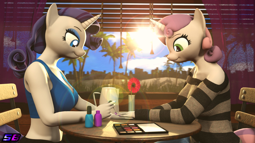 3d_(artwork) absurd_res anthro breasts clothed clothing crop_top digital_media_(artwork) duo equid equine female flower friendship_is_magic furniture hasbro hi_res horn makeup mammal my_little_pony off_shoulder painting_nails plant rarity_(mlp) shadowboltsfm shirt sibling_(lore) sister_(lore) sisters_(lore) sitting sweetie_belle_(mlp) table topwear unicorn