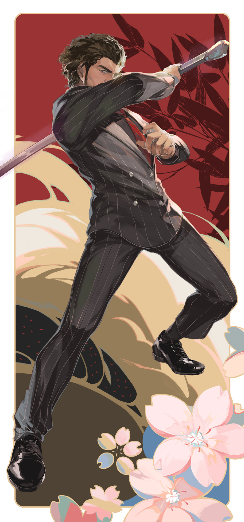 1boy absurdres afro black_footwear black_hair black_shirt black_socks black_suit brown_hair collared_shirt dar_puppy formal full_body highres holding holding_weapon incoming_attack jacket kasuga_ichiban looking_at_viewer male_focus necktie pants red_necktie ryuu_ga_gotoku_(series) ryuu_ga_gotoku_7 shirt short_hair simple_background socks solo striped_suit suit v-shaped_eyebrows weapon