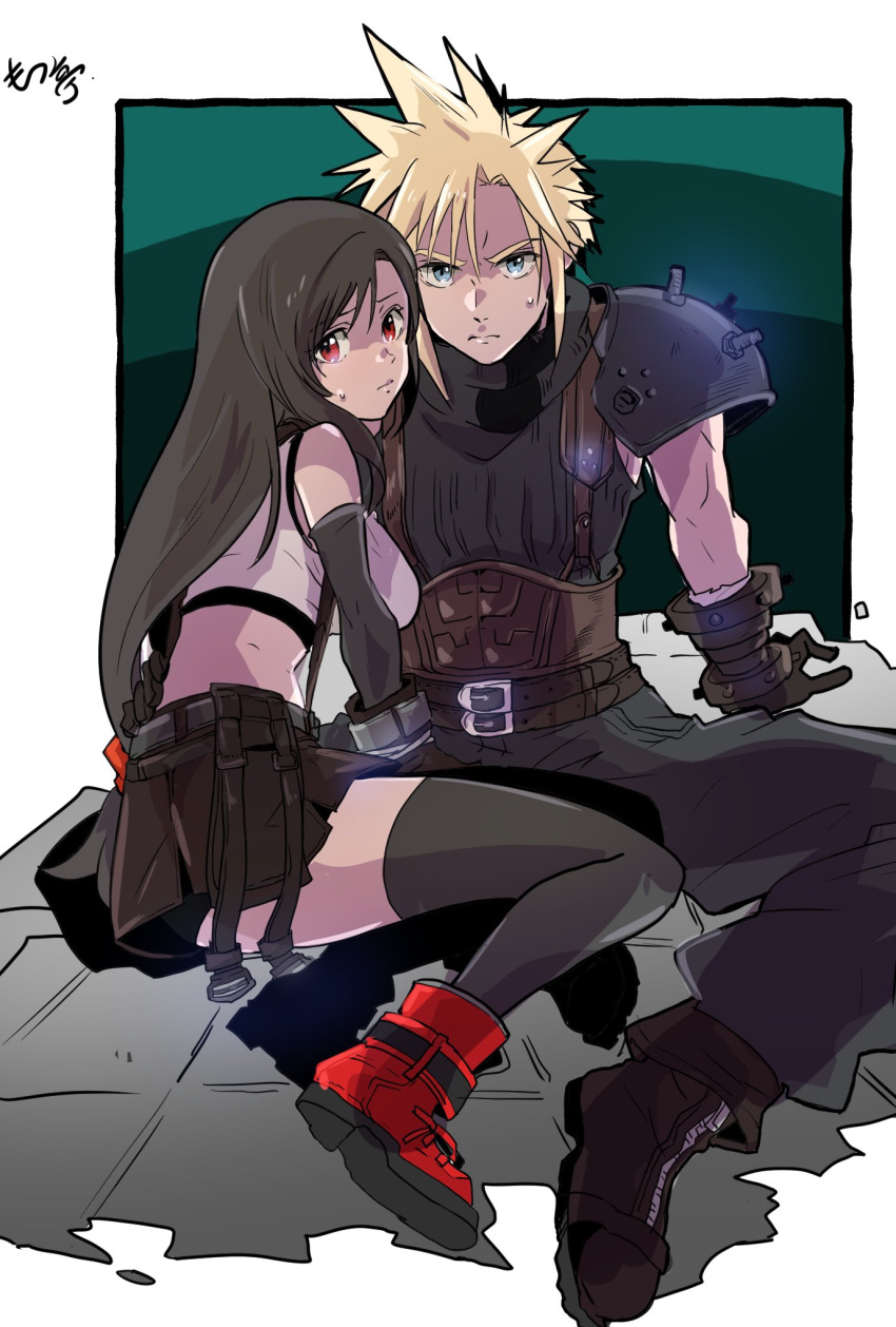1boy 1girl armor bare_shoulders belt bike_shorts_under_skirt black_gloves black_hair black_skirt black_sports_bra black_thighhighs blonde_hair blue_eyes boots breasts closed_mouth cloud_strife commentary_request crop_top elbow_gloves final_fantasy final_fantasy_vii final_fantasy_vii_remake full_body gloves hand_on_another's_hip hands_on_ground highres large_breasts long_hair looking_at_viewer looking_to_the_side low-tied_long_hair midriff motsutei multiple_belts red_eyes red_footwear ribbed_sweater shoulder_armor signature sitting skirt sleeveless sleeveless_turtleneck spiked_hair sports_bra suspender_skirt suspenders sweatdrop sweater swept_bangs tank_top thighhighs thighs tifa_lockhart turtleneck turtleneck_sweater white_tank_top yokozuwari