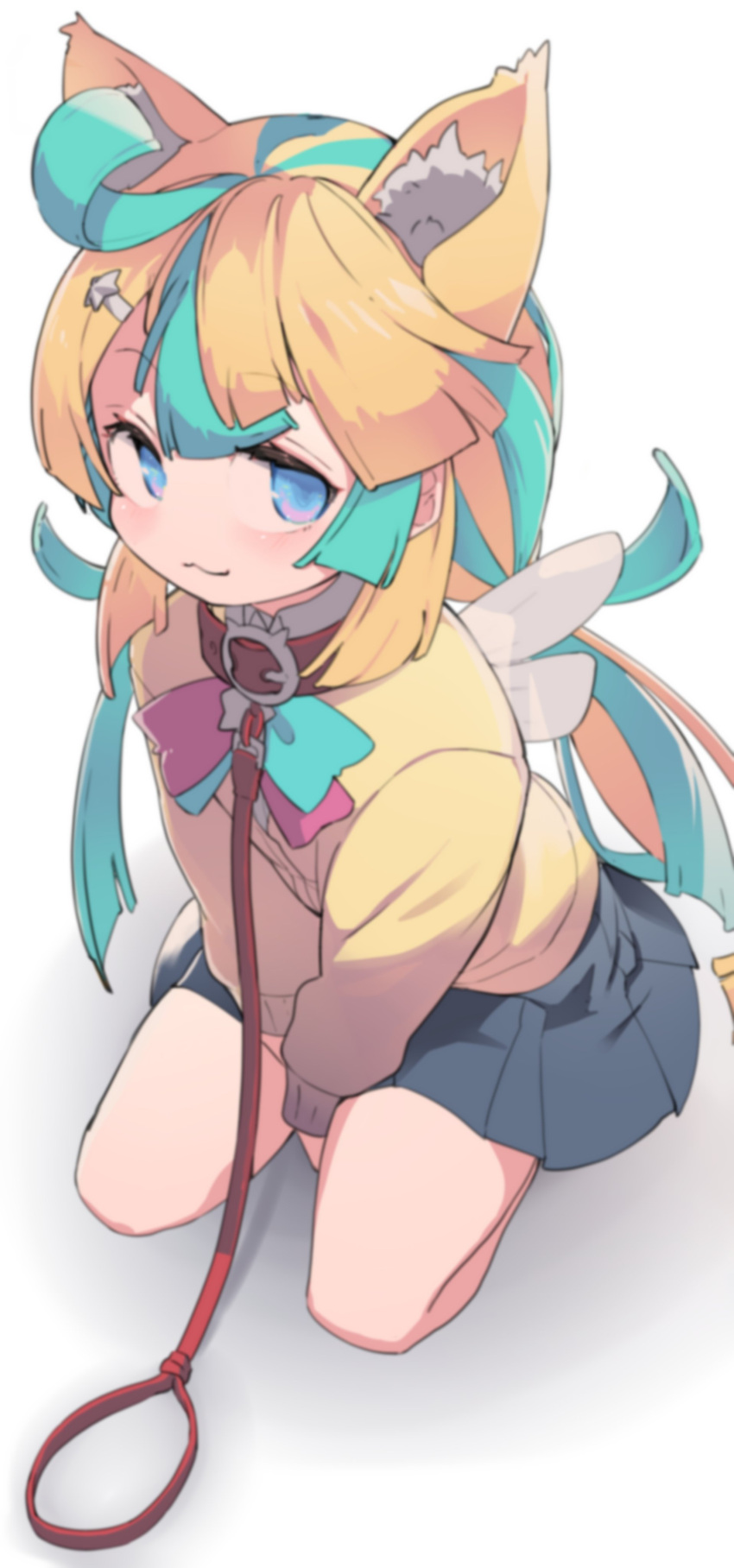 1girl :3 absurdres amakawa_hano animal_ear_fluff animal_ears aqua_eyes asymmetrical_bangs blonde_hair blue_eyes blue_skirt blush collar hair_ornament highres leash long_hair long_sleeves looking_at_viewer multicolored_hair pleated_skirt re:act shimazaki1152 simple_background sitting skirt solo star_(symbol) star_hair_ornament virtual_youtuber white_background