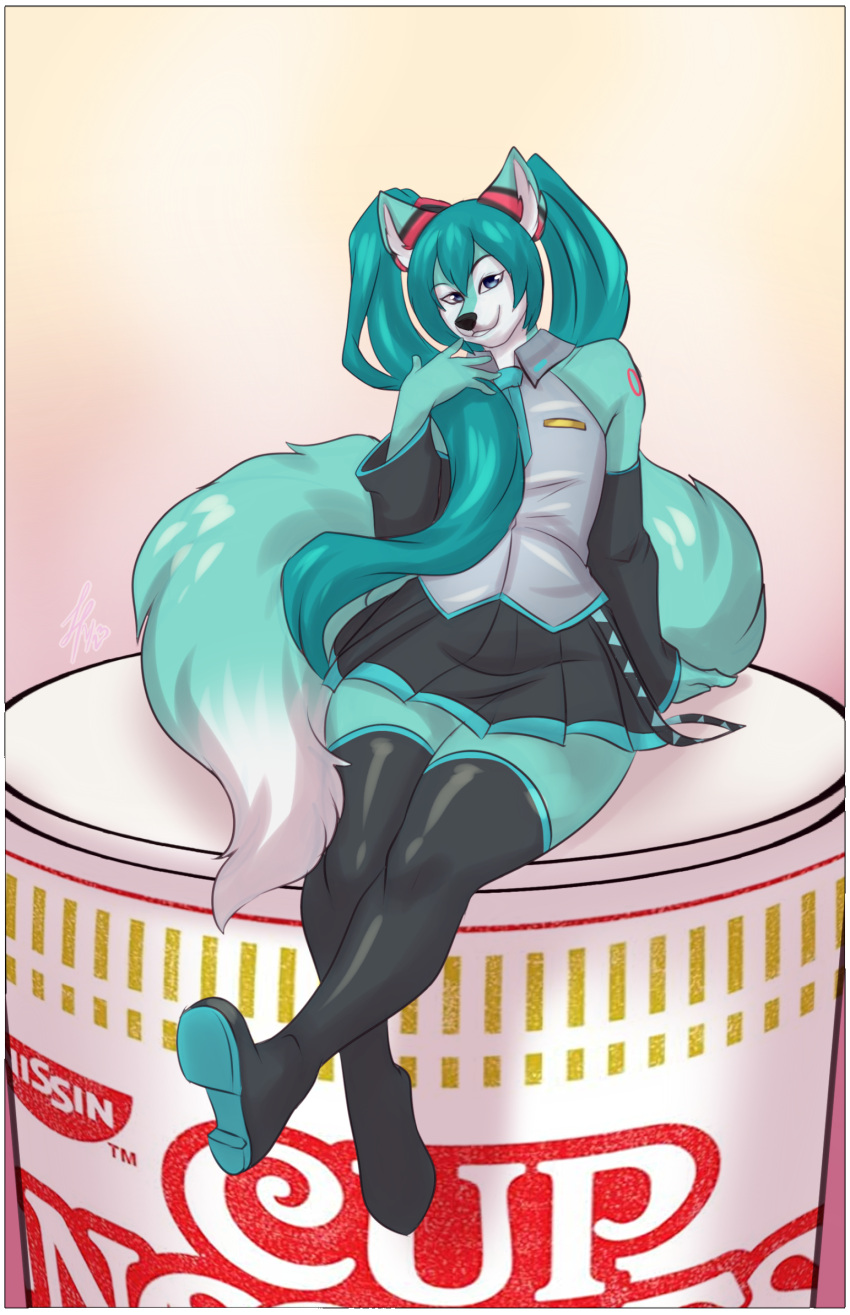 2023 alpha_channel anthro armwear blue_body blue_eyes blue_fur boots border bottomwear canid canine clothed clothing cosplay crossdressing cup_noodles digital_media_(artwork) footwear fox fur girly green_hair hair hatsune_miku hi_res lavenderpandy legwear long_hair looking_at_viewer male mammal pigtails roflfox shirt sitting skirt sleeveless_shirt smile solo thigh_boots thigh_highs topwear transparent_border twintails_(hairstyle) vocaloid white_body white_fur