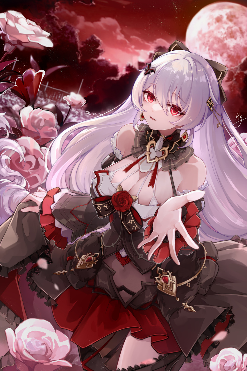 1girl :d absurdres bare_shoulders bat_hair_ornament black_dress breasts chinese_commentary cleavage cloud cloudy_sky dress earrings flower full_moon hair_between_eyes hair_ornament highres honkai_(series) honkai_impact_3rd jewelry large_breasts long_hair looking_at_viewer luna_(honkai_impact) moon night night_sky open_mouth outdoors red_eyes red_flower red_moon red_rose red_sky rose shuiyinzijun signature sky smile solo theresa_apocalypse theresa_apocalypse_(lunar_vow:_crimson_love) thighhighs white_flower white_hair
