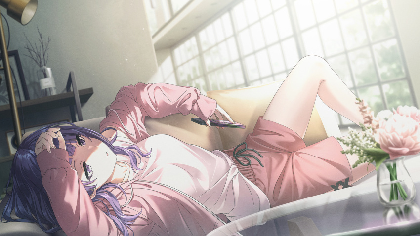 1girl blunt_bangs breasts cellphone collarbone couch day flower hair_down highres holding hood hoodie idolmaster idolmaster_shiny_colors idolmaster_shiny_colors_song_for_prism indoors long_hair long_sleeves lying medium_breasts official_alternate_hairstyle official_art on_back on_couch phone pillow pink_flower plant purple_eyes purple_hair shadow shorts smartphone solo sunlight table tanaka_mamimi tree vase window