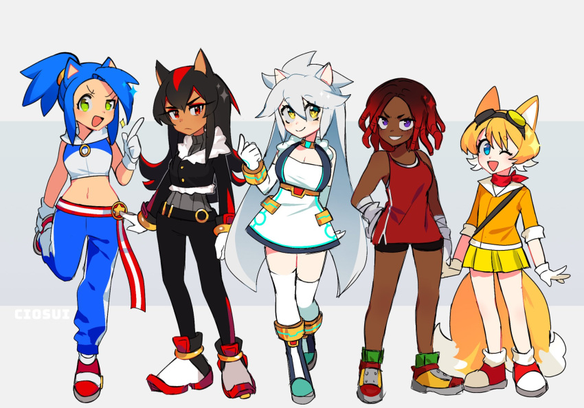 5girls :d animal_ears artist_name bare_shoulders bike_shorts black_hair blonde_hair blue_eyes blue_hair boots bracelet breasts ciosuii closed_mouth dark-skinned_female dark_skin dress fox_ears fox_tail full_body genderswap genderswap_(mtf) gloves goggles goggles_on_head grey_hair grin hair_between_eyes hedgehog_ears highres humanization jewelry kneehighs knuckles_the_echidna long_hair looking_at_viewer midriff multicolored_hair multiple_girls multiple_tails navel one_eye_closed pants ponytail purple_eyes red_eyes red_hair shadow_the_hedgehog shoes silver_the_hedgehog skirt smile socks sonic_(series) sonic_the_hedgehog streaked_hair tail tails_(sonic) two_tails white_gloves white_hair yellow_eyes yellow_skirt