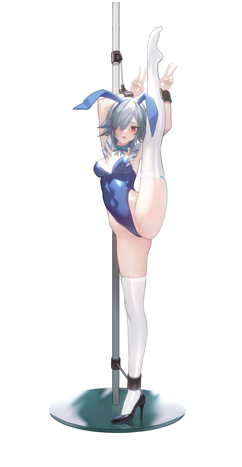 1girl absurdres animal_ears blue_leotard breasts cleavage commission cuffs double_v drill_hair duel_monster fake_animal_ears full_body grey_hair handcuffs high_heels highres kieen leotard playboy_bunny rabbit_ears red_eyes shoes single_shoe sky_striker_ace_-_camellia solo split standing standing_on_one_leg standing_split stripper_pole thighhighs v yu-gi-oh!