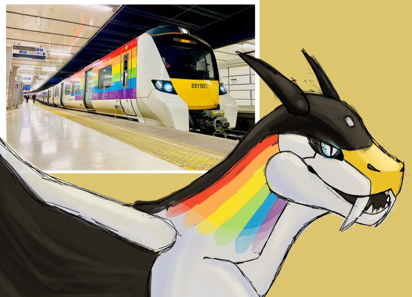 2023 2_horns ambiguous_gender black_horn black_mouth black_sclera black_wings blue_eyes british british_rail british_rail_class_700 bust_portrait curved_horn digital_drawing_(artwork) digital_media_(artwork) dragon electric_locomotive england fangs feral hi_res horn how_to_dragon_your_train hybrid lgbt_pride living_machine living_train living_vehicle locomorph locomotive machine markings meme multicolored_markings open_mouth open_smile photo portrait pride_colors pseudocanid rainbow_markings rainbow_pride_colors rainbow_stripes reference_image reptile sabertooth_(anatomy) scalie sharp_horn siemens_ag simple_background sketch smile solo stripes teeth thameslink train vehicle white_body wings yellow_background yellow_markings