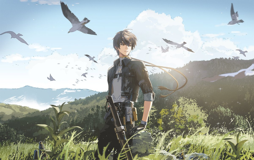 1boy bird black_gloves black_hair black_jacket black_pants cloud cropped_jacket gloves grass grey_shirt jacket jewelry landscape leaf male_rover_(wuthering_waves) mountainous_horizon necklace outdoors pants pouch scenery shirt sky standing sword tassel tree turtleneck weapon wisda wuthering_waves yellow_eyes