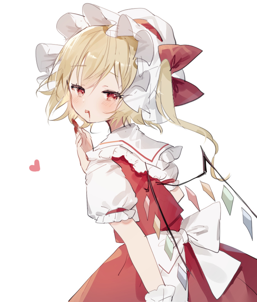 1girl blonde_hair blood blood_on_face blood_on_hands blush crystal flandre_scarlet hair_between_eyes hat heart highres long_hair mob_cap one_side_up red_eyes red_skirt red_vest shirt short_sleeves simple_background skirt solo sorani_(kaeru0768) tongue tongue_out touhou vest white_background white_headwear white_shirt wings