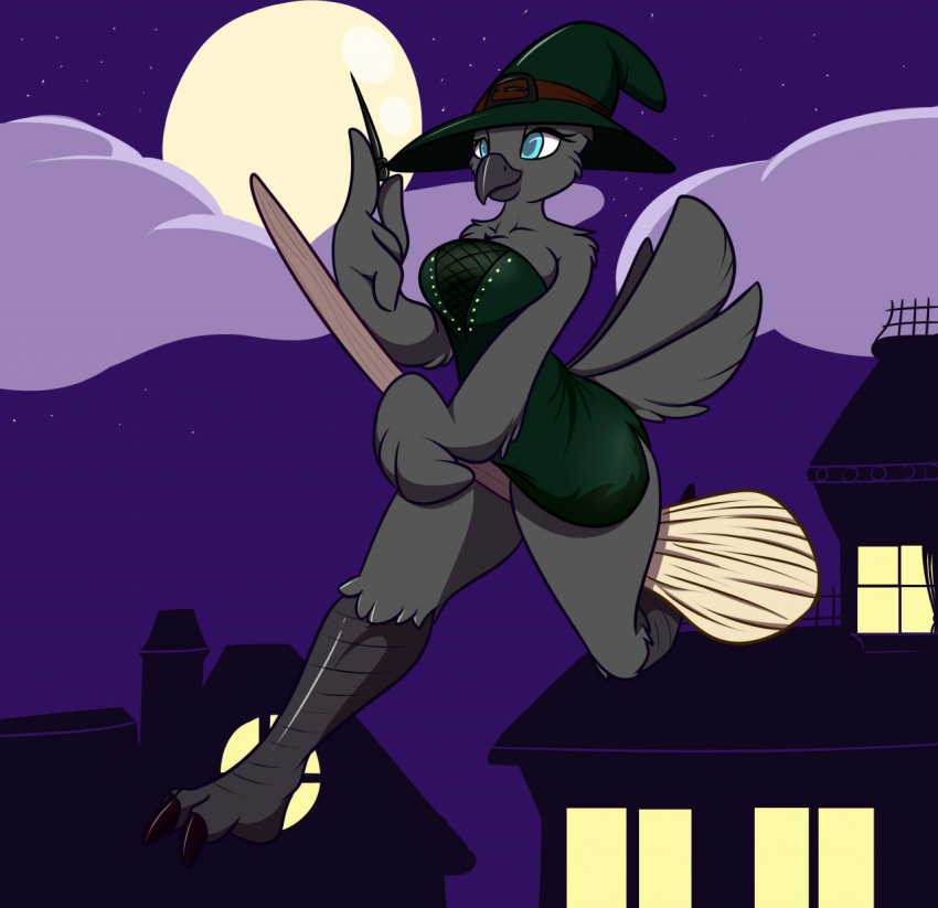 anthro avian big_breasts big_butt bird black_body black_feathers black_fur blue_eyes breasts broom broom_riding building butt claws cleaning_tool clothing cloud corvid corvus_(genus) dash_the_raven dress feather_hands feathers female full_moon fur green_clothing green_dress halloween halloween_costume halloween_theme happy hat headgear headwear hi_res holding_object holidays house house_background humanoid lights magic_user magic_wand moon oscine passerine raised_tail raven sky solo tail thick_thighs toe_claws twtr witch witch_costume witch_hat