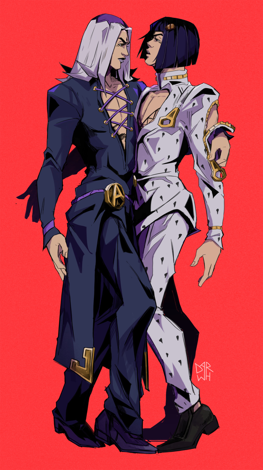 absurdres arm_around_shoulder black_hair blunt_bangs bob_cut bruno_bucciarati darwh full_body grey_hair hair_ornament hairclip hat highres jojo_no_kimyou_na_bouken leone_abbacchio lipstick long_coat long_hair makeup male_focus pectoral_cleavage pectorals purple_lips red_background standing v-neck vento_aureo zipper_pull_tab