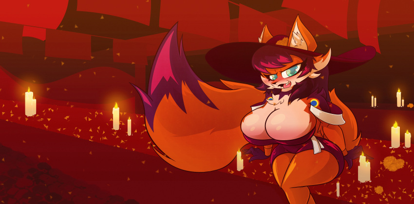 absurd_res anthro arizone big_breasts blue_eyes blush body_blush breast_blush breasts candle canid canine chest_tuft clothed clothing digital_media_(artwork) dress female flower flower_petals fox fur half-closed_eyes hat headgear headwear hi_res huge_filesize looking_at_viewer mammal narrowed_eyes open_mouth orange_body orange_fur outside petals plant simple_background smile solo stone_floor tail thick_thighs tuft