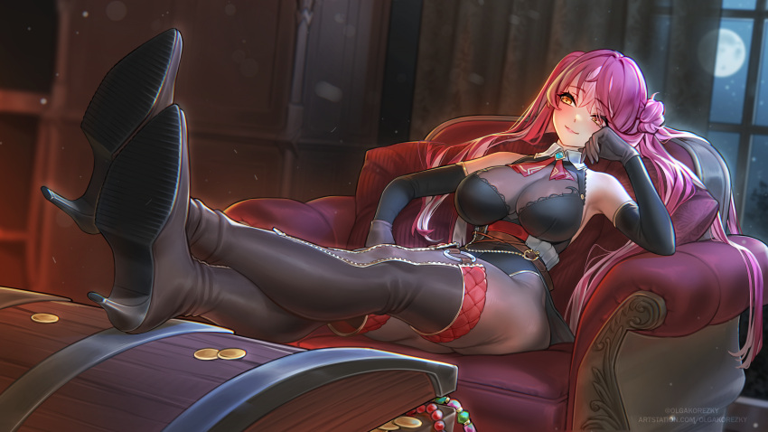 1girl absurdres artstation_username belt belt_buckle boots breasts buckle coin elbow_gloves gloves gold_coin high_heel_boots high_heels highres hololive houshou_marine houshou_marine_(5th_costume) large_breasts leotard long_hair moon olga_korezky pantyhose sitting smile solo thigh_boots treasure_chest twintails twitter_username window yellow_eyes
