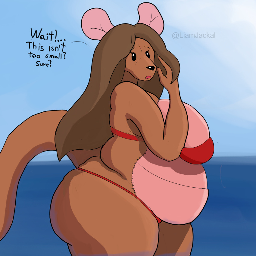 2023 absurd_res animate_inanimate anthro beach belly big_belly big_breasts big_butt bikini breasts brown_body brown_hair butt clothing digital_drawing_(artwork) digital_media_(artwork) disney english_text female flat_colors hair hi_res huge_breasts huge_butt hyper hyper_butt kanga kangaroo liamjackal long_hair looking_at_viewer macropod mammal marsupial obese open_mouth overweight overweight_anthro overweight_female partially_submerged sea seaside shaded signature simple_shading solo standing standing_in_water swimwear text thick_thighs water winnie_the_pooh_(franchise)