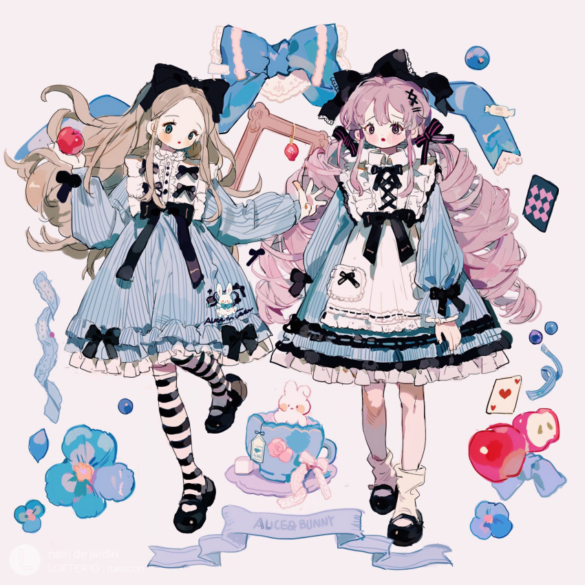 2girls alice_in_wonderland animal_print apple apple_slice apron banner black_bow black_bowtie black_footwear black_socks blonde_hair blue_bow blue_dress blue_flower blue_ribbon blueberry blush_stickers bow bow_apron bowtie brown_eyes buttons candy card center_frills character_name closed_mouth collared_shirt commentary cross-laced_clothes cross-laced_top cup dress drill_hair english_commentary expressionless eyelashes fingernails flower food frilled_apron frilled_bow frilled_dress frilled_shirt_collar frilled_sleeves frills fruit full_body hair_bow hair_ornament hairclip highres holding holding_food holding_fruit lace-trimmed_bow lace_trim leg_up lolita_fashion long_hair long_sleeves mary_janes medium_dress multiple_girls multiple_hair_bows original outstretched_arm over-kneehighs picture_frame pink_bow pink_hair plate playing_card pocket puffy_long_sleeves puffy_sleeves putong_xiao_gou rabbit_print red_lips ribbon ribbon-trimmed_apron ribbon-trimmed_dress ribbon_trim shirt shoes sidelocks socks striped striped_bow striped_dress striped_socks teabag teacup thighhighs twin_drills two-tone_socks vertical-striped_dress vertical-striped_sleeves vertical_stripes very_long_hair waist_bow white_apron white_background white_shirt white_socks x_hair_ornament