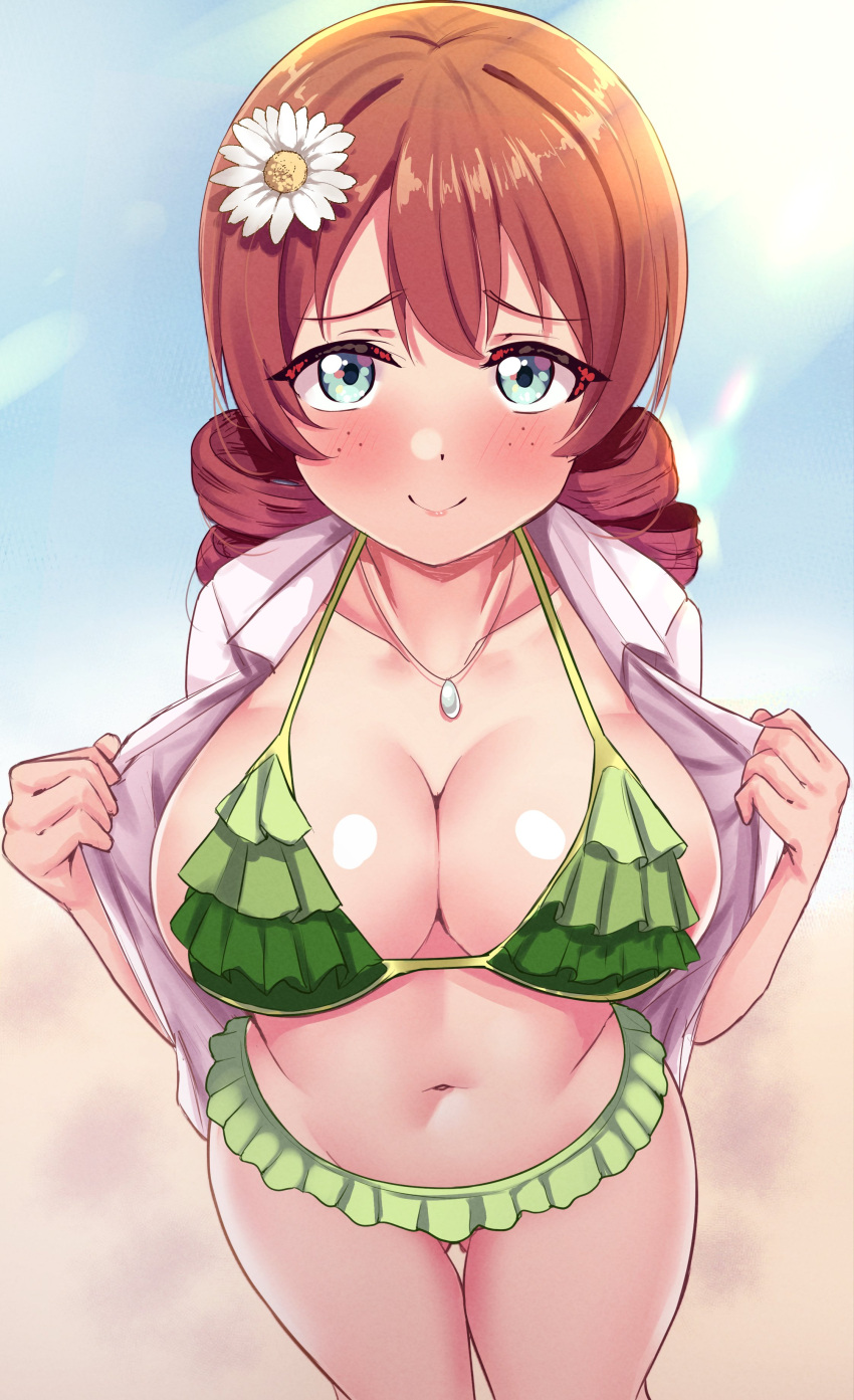 1girl absurdres bikini blue_eyes blush breasts cleavage closed_mouth drill_locks emma_verde flower freckles green_bikini hair_flower hair_ornament highres jewelry large_breasts linatai long_hair looking_at_viewer love_live! love_live!_nijigasaki_high_school_idol_club navel necklace smile solo standing swimsuit