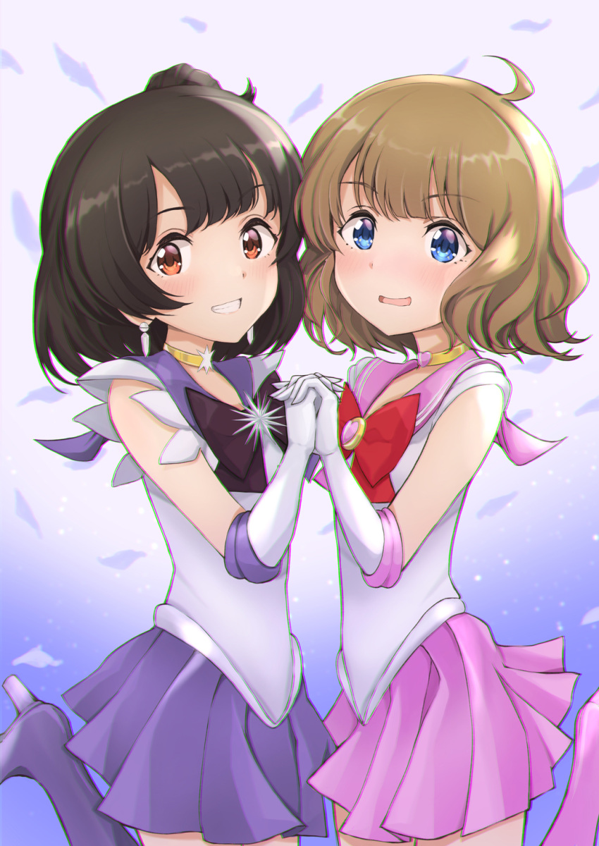 2girls ahoge bishoujo_senshi_sailor_moon black_bow black_bowtie black_hair blue_background blue_eyes blush boots bow bowtie breasts brooch brown_eyes brown_hair chibi_usa chibi_usa_(cosplay) choker cosplay dot_nose earrings elbow_gloves falling_petals flat_chest from_side gloves gradient_background grin hair_bow heart heart_choker highres holding_hands idolmaster idolmaster_million_live! idolmaster_million_live!_theater_days interlocked_fingers jewelry leg_up looking_at_viewer magical_girl multiple_girls nakatani_iku one_side_up open_mouth petals pink_footwear pink_sailor_collar pink_skirt pleated_skirt purple_footwear purple_sailor_collar purple_skirt red_bow red_bowtie sailor_collar sailor_saturn sailor_saturn_(cosplay) sailor_senshi_uniform shinomiyabi shirt short_hair short_sleeves skirt small_breasts smile standing standing_on_one_leg star_(symbol) star_brooch star_choker suou_momoko white_gloves white_shirt yellow_choker