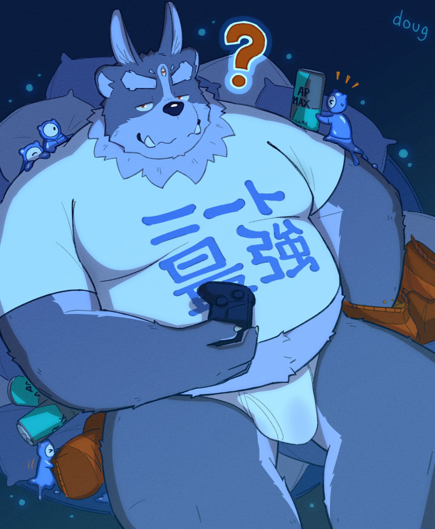 anthro belly beverage bulge clothing controller energy_drink eyebrows fur game_controller grey_body grey_fur hi_res lifewonders male messy_room overweight question_mark shirt smile solo t-shirt thatdouginme thick_eyebrows tokyo_afterschool_summoners topwear tsathoggua tusks underwear