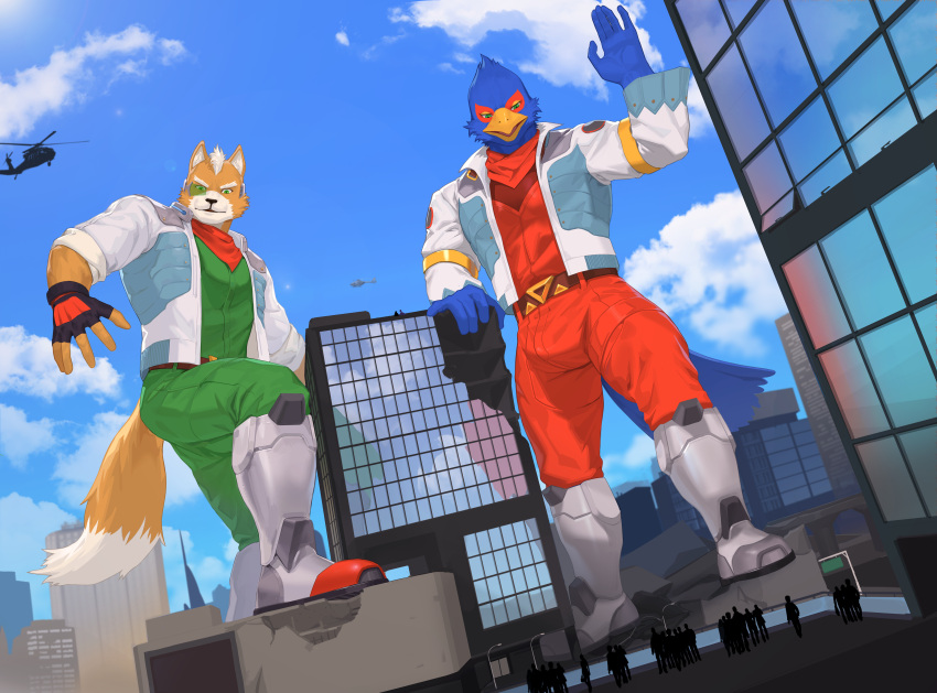 absurd_res aircraft anthro avian bird blue_body building canid canine city clothed clothing destruction duo dyeong_2 falco_lombardi fox fox_mccloud helicopter hi_res looking_down macro male mammal nintendo orange_body scouter star_fox