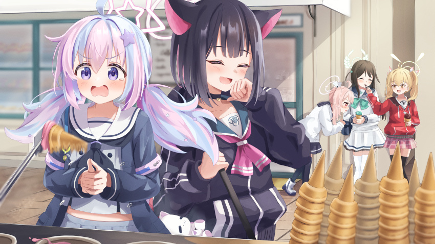 5girls :d ^_^ absurdres after-school_sweets_club_(blue_archive) airi_(blue_archive) animal_ears bent_over black_choker black_coat black_hair black_jacket black_thighhighs blonde_hair blue_archive blunt_bangs blurry cat_ears cat_girl choker closed_eyes coat colored_inner_hair commentary_request depth_of_field extra_ears hair_between_eyes hair_ornament hairclip halo highres holding_ice_cream hood hooded_jacket ice_cream_cone ice_cream_scoop jacket kazusa_(blue_archive) laughing long_hair long_sleeves looking_at_another looking_at_viewer low_twintails multicolored_hair multiple_girls natsu_(blue_archive) open_clothes open_coat outdoors pendant_choker pink_hair pleated_skirt purple_eyes purple_hair red_eyes red_jacket reisa_(blue_archive) riu_kawano school_uniform serafuku short_hair side_ponytail sidelocks skirt smile star_(symbol) star_hair_ornament stuffed_animal stuffed_cat stuffed_toy thighhighs twintails two-tone_hair white_thighhighs yellow_eyes yoshimi_(blue_archive) zettai_ryouiki